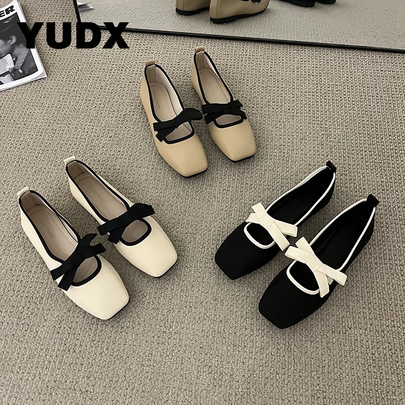 

New 2023 Spring Ballet Flats Women Soft Sole Bowtie Female Shallow Slip On Mary Jane Ladies Casual Square Toe Shoes Design Dress