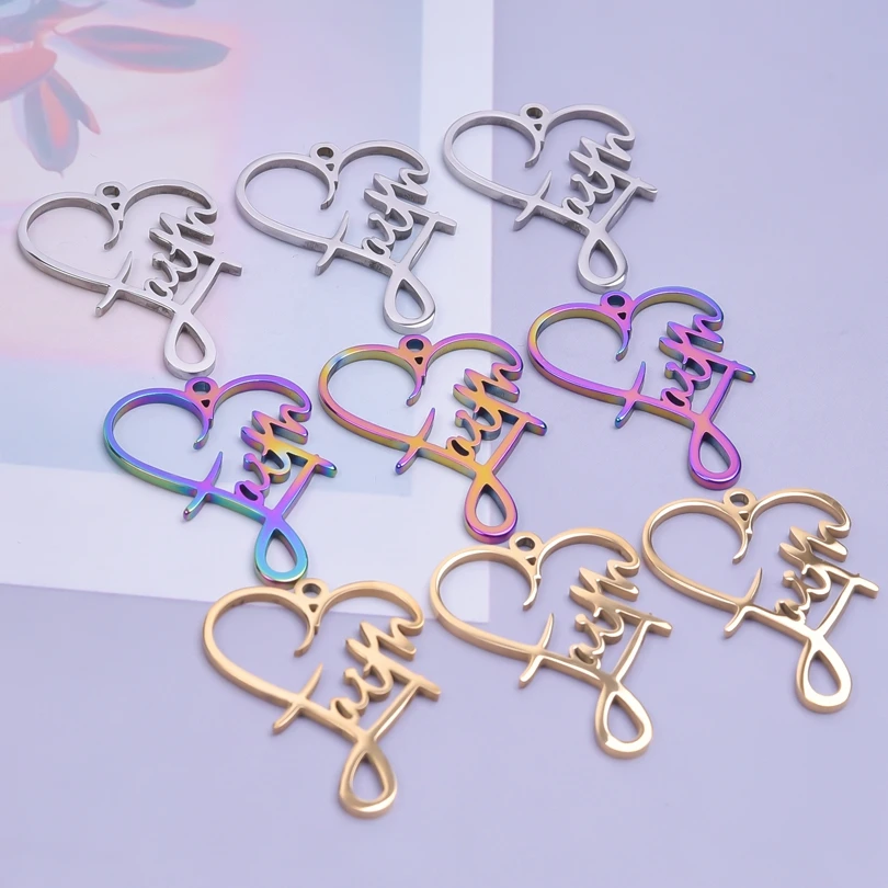 

6pcs/lot Love Heart Faith Stainless Steel Charms Lovers Necklace Pendants Accessories diy craft Anniversary Jewelry Gifts Bulk