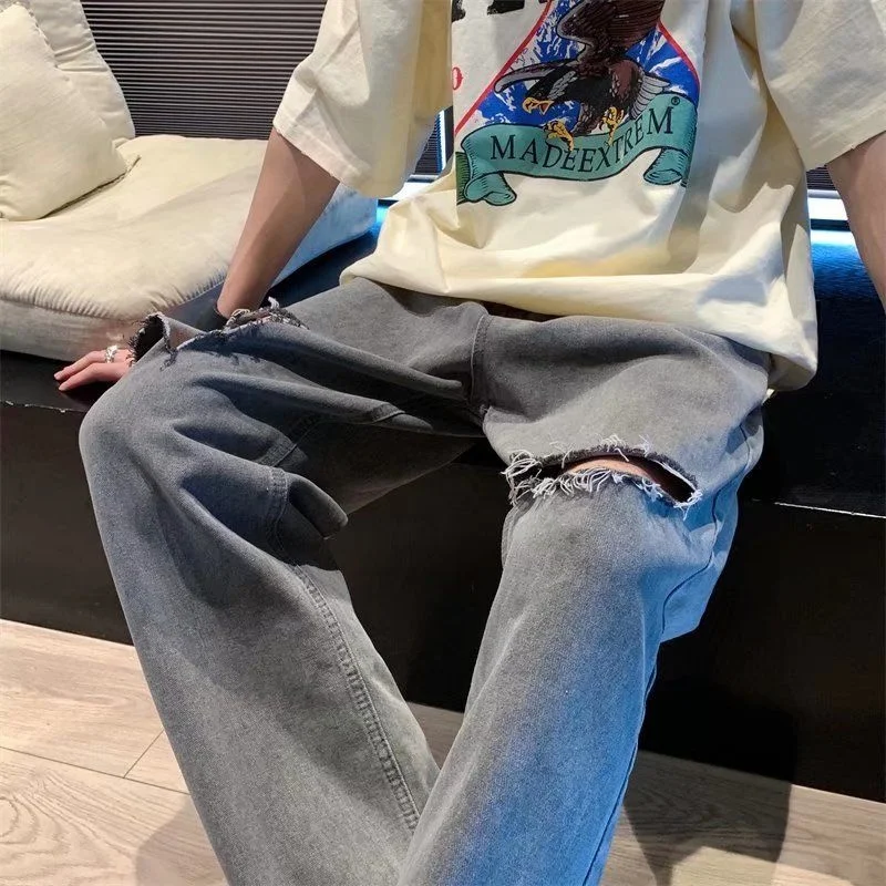 Summer Ripped Jeans Men's Fashion Casual Hole Wide Leg Jeans Men Streetwear Hip Hop Loose Straight Denim Pants Mens Trousers
