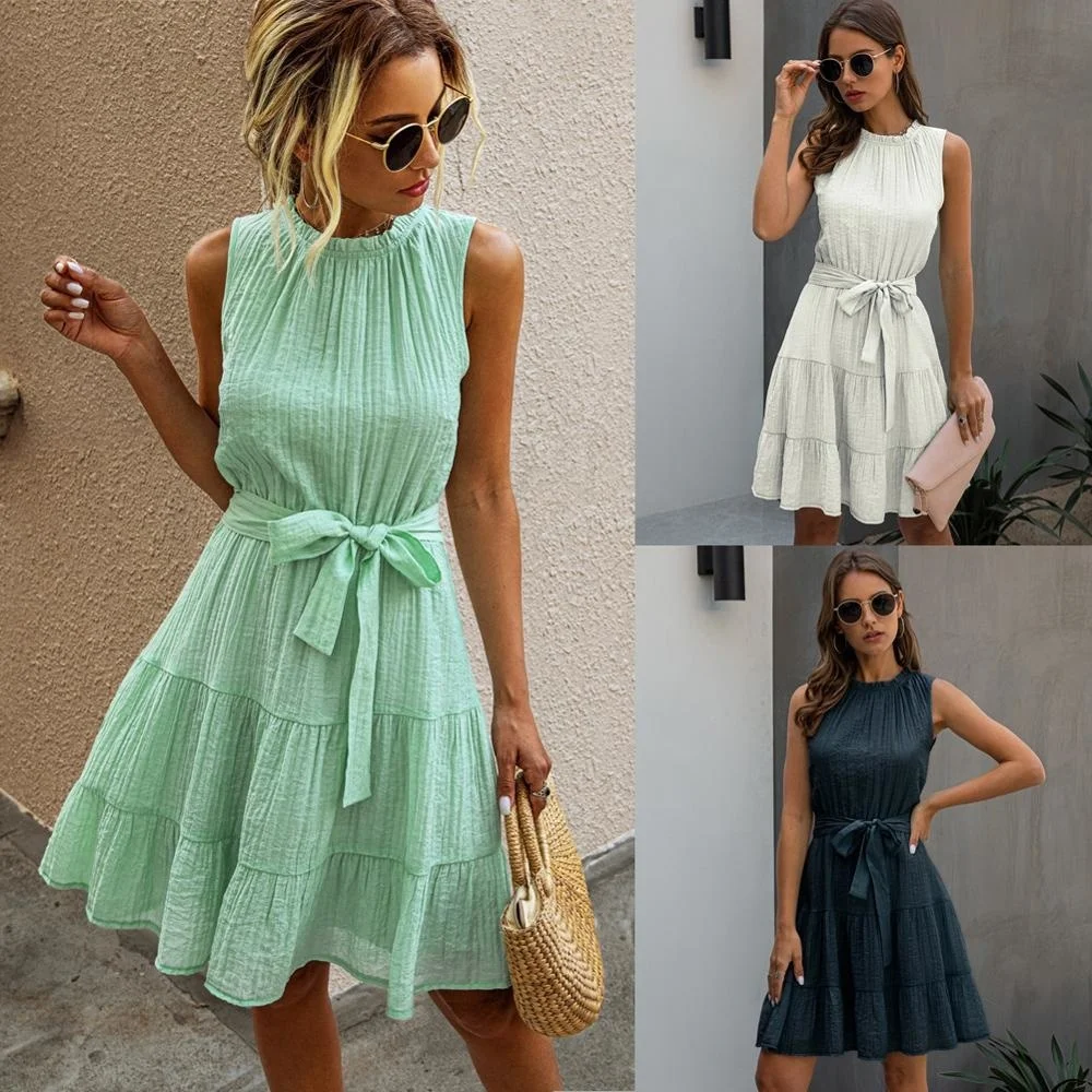 

2023 New Summer Women O-Neck Solid Sleeveless Sashes Midi Dress Sexy Fashion Casual Loose Draped Elegant Female White Princess D