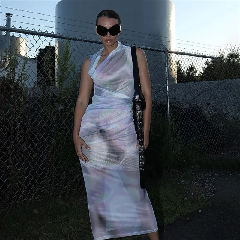 

Женское плиссированное платье без рукавов, облегающее пляжное платье Парео с косым плечом и принтом, одежда для ванны, накидка для купания, 2023