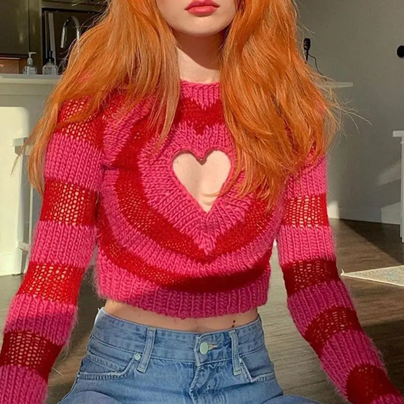 

Woman Sweater INS Style Love Strike Color Hollow Slim Short Parablestanner Long-sleeved Shirt Street Personality Fashion Sweater