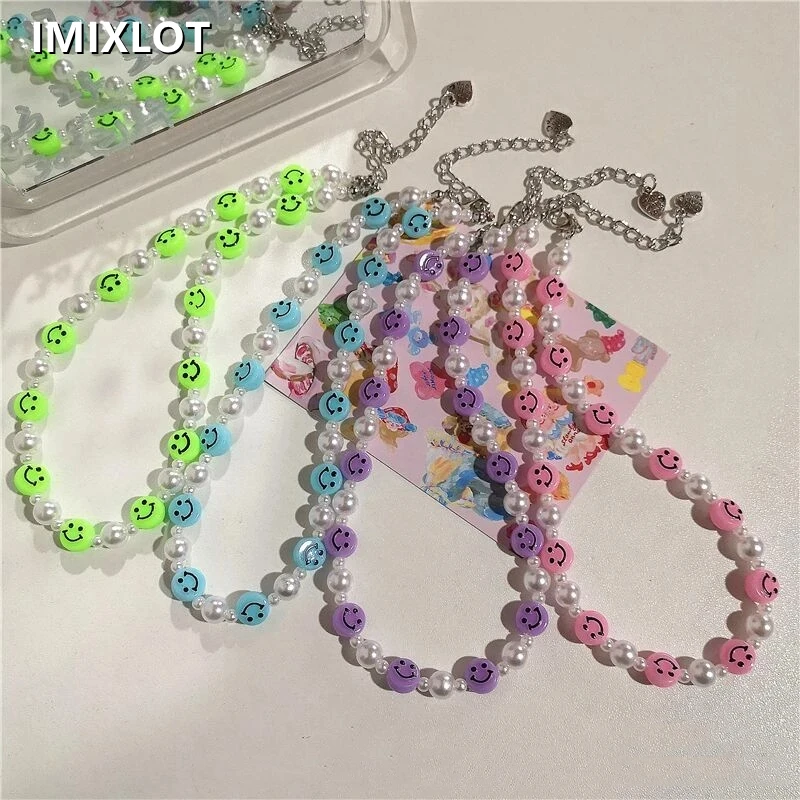 

Vintage Fashion Y2K Trend Candy Color Smile Pearl Beaded Necklace For Women Harajuku Charm 90s Aesthetic Jewelry EMO Accessories