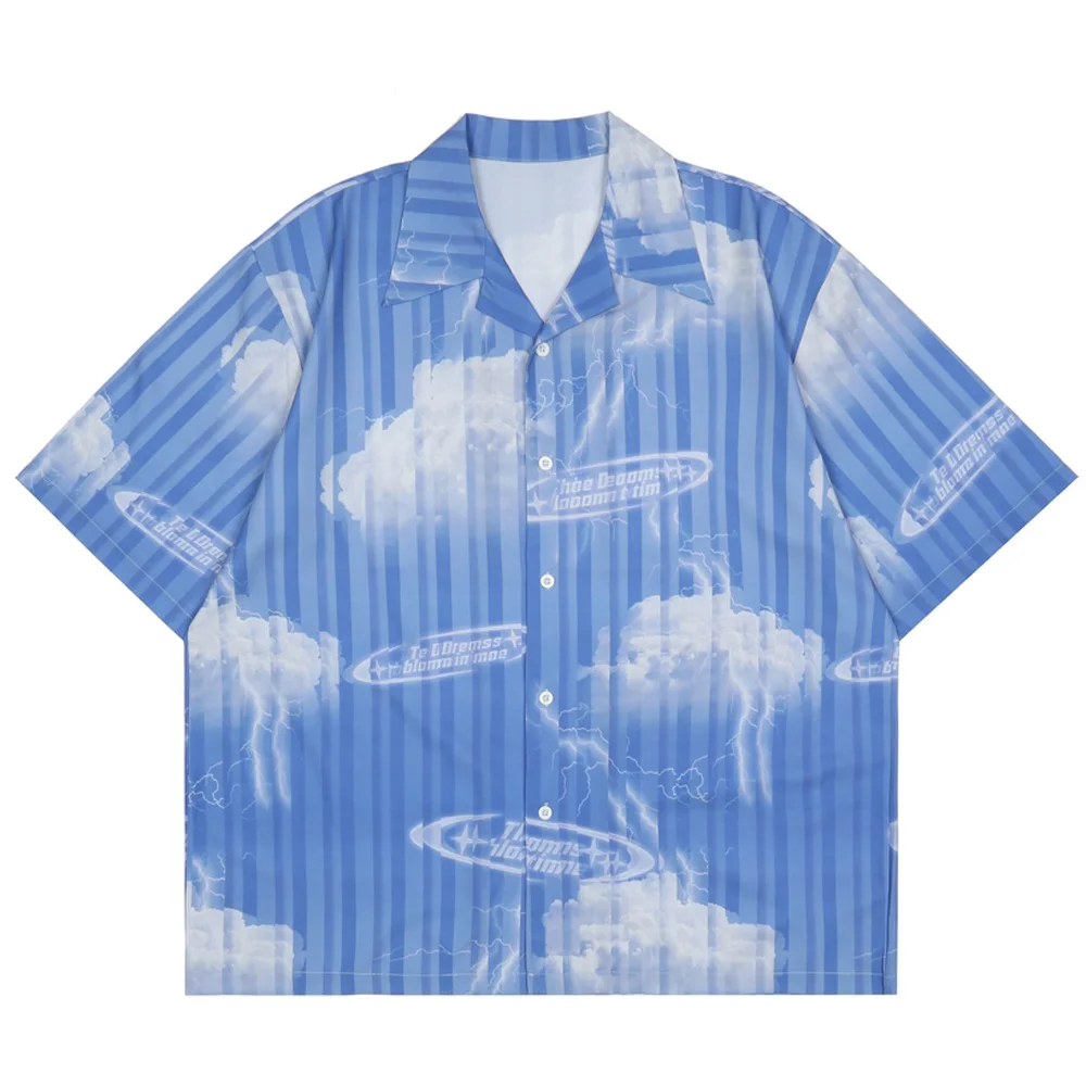 

Harajuku Shirt Men Casual Summer Sky Cloud Lightning Print Shirt Men Streetwear Button Hawaii Vintage Hip Hop Oversized Shirts