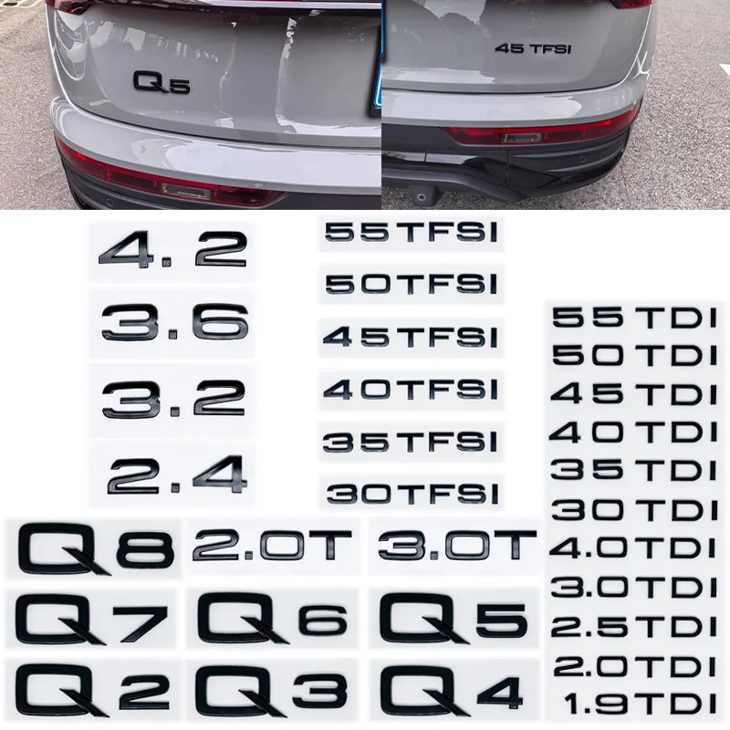 

Для Audi Q2 Q3 Q4 Q5 Q6 Q7 Q8 Модель 1.9 2.0 2.5 3.0 4.0 5.0TDI 30 35 40 45 50 55TFSI Версия 2.0 3.0T 3D Наклейка с логотипом багажника автомобиля