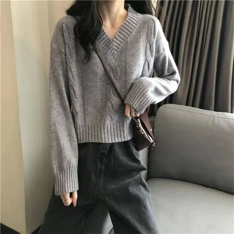 Женский вязаный свитер классический свободный пуловер с V-образным вырезом в
