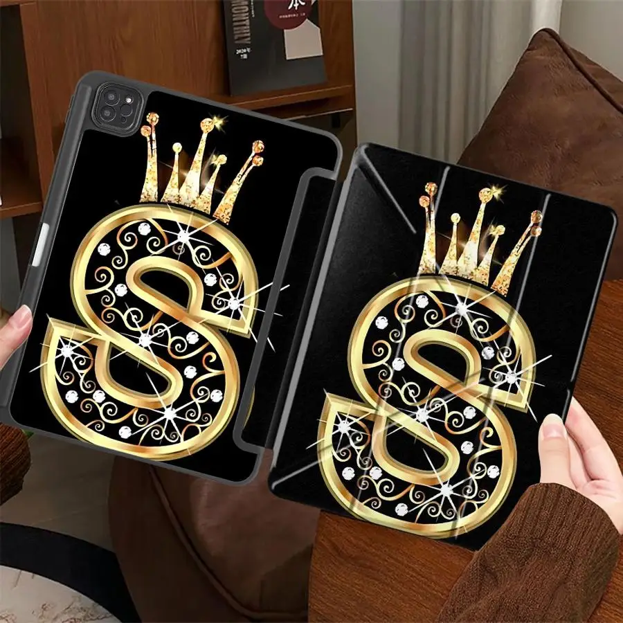 Фото Чехол для планшета iPad Pro 11-го, 10-го, 9-го, 8-го, 7-го поколений, 12.9 дюймов Pro 2025, Mini 6, 7, Air 4, 5, M3, M2, M4, 11 дюймов, с держателем, дизайн «Корона и буква S» №1
