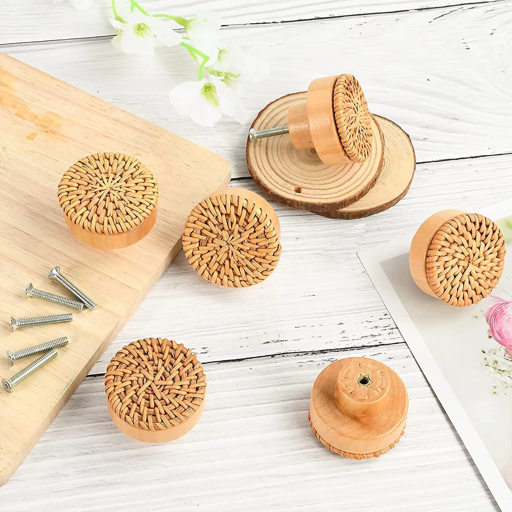 

Rattan Drawer Knob Round Handmade Wooden Cabinet Bohemian Cabinet Handle Drawer Knobs Gold Modern gass