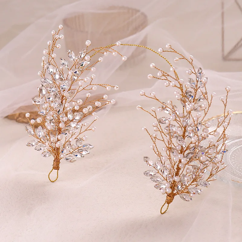 

Gold Headbands For Women Bride Handmade Crystal Rhinestone Leaves Tiaras Hairbands Wedding Hair Accessories Queen Headband Gift