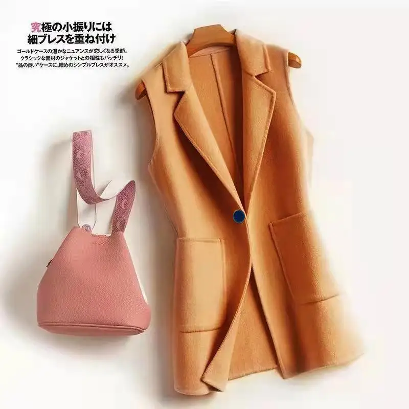 

Fashion Office Woolen Vest Women Spring Autumn Turndown Collar Single Button Waistcoat Female Black Sleeveless Jacket Gilet E375