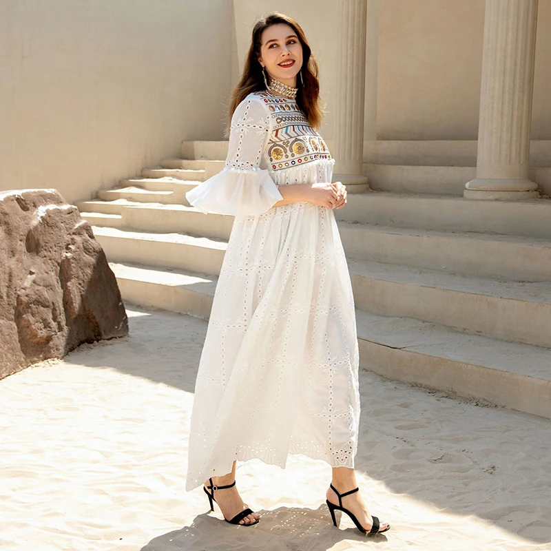 Embroidery Sequins Long Dresses For Women Muslim 2022 O Neck Abayas Dubai Caftan Arabic Luxurious Evening Loose Islamic Dresses