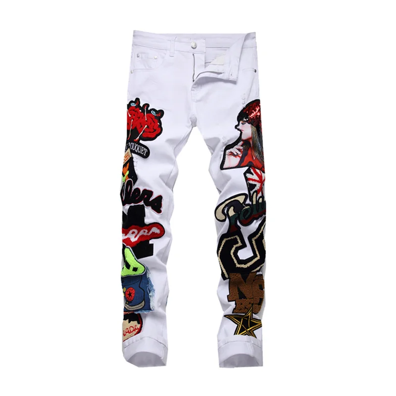 New Men Europe United States Straight Tube Trim Motorcycle Jeans Embroidered Badge Trend Pants Fashion Casual Ripped Pants