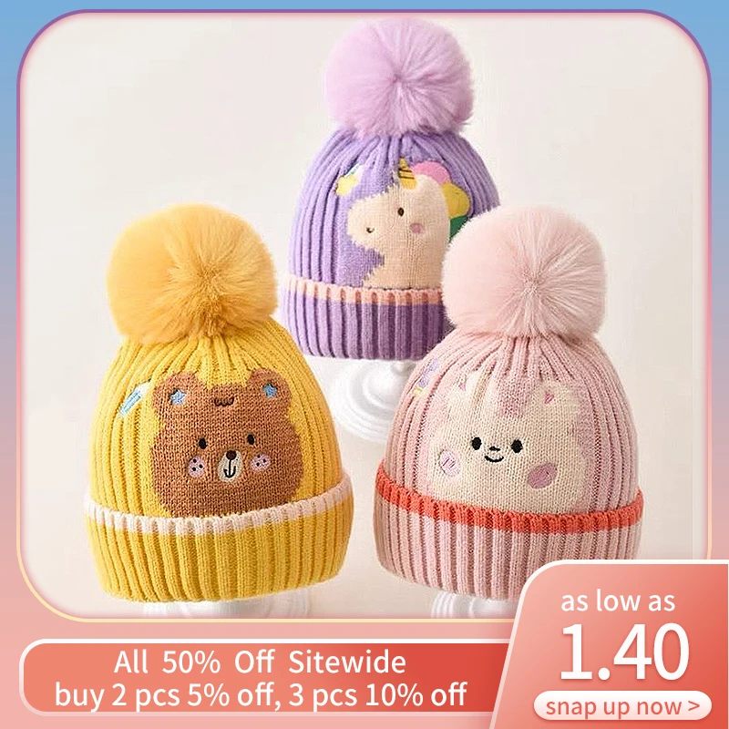 

Velvet lining Warm Baby Knitted Hat Cartoon Bear Faux Fur Pompom Toddler Beanies Winter Cold Windproof Thick Kids Crochet Bonnet