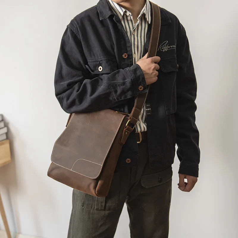 Simple casual men's first layer cowhide shoulder bag retro natural genuine leather diagonal backpack black business soft leather