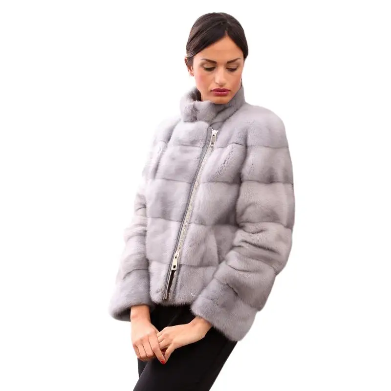 Luxurious Sapphire Mink Fur Coats Fashion Real Fur Zipper Suit Lapel Slim Ladies Overcoat Outer Garments Collar Outer Clothing