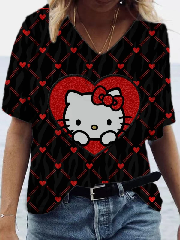 

2022 Summer New Ladies Hello Kitty T-Shirt 3D Contrast Color T-Shirt Raglan Sleeve Loose Top Japanese Clothing