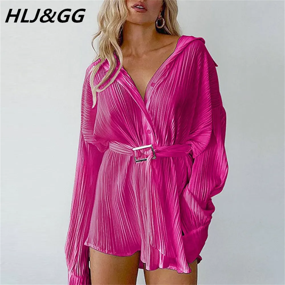 

HLJ&GG Fall 2022 Women Shirts Dress Rib Long Lantern Sleeve V-Neck High Waist Mini Dress Office Lady Sashes Shirt Tunic Dress