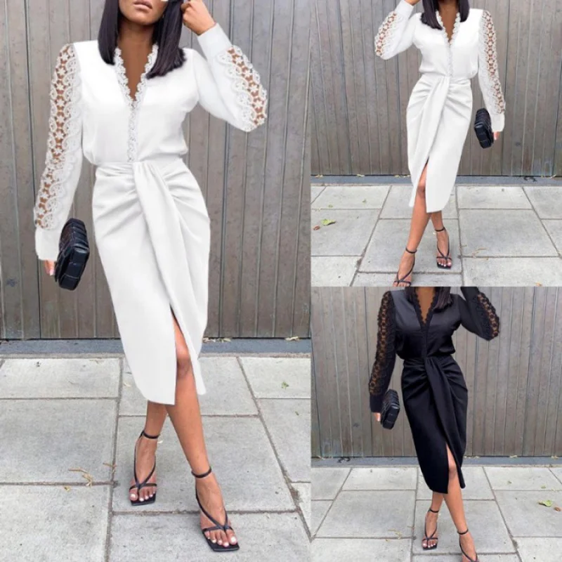 

European And American-Style2022Spring LoosevCollar Solid Color High Waist Midi Skirt Temperament Commute Lace Stitching Dress fo