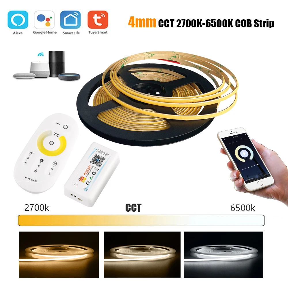 

4Mm Tuya Wifi Smart Dimmable Led Strip Light 12V 2700-6500K Color Temperature Cct Tape Light Kit for Living Bed room Lighting