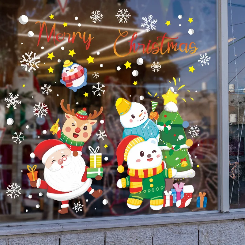 

Christmas Static Stickers PVC Removable Santa Elk Glass Window Sticker Beautify Snowflake Wall Decals New Year Party Glass Paste