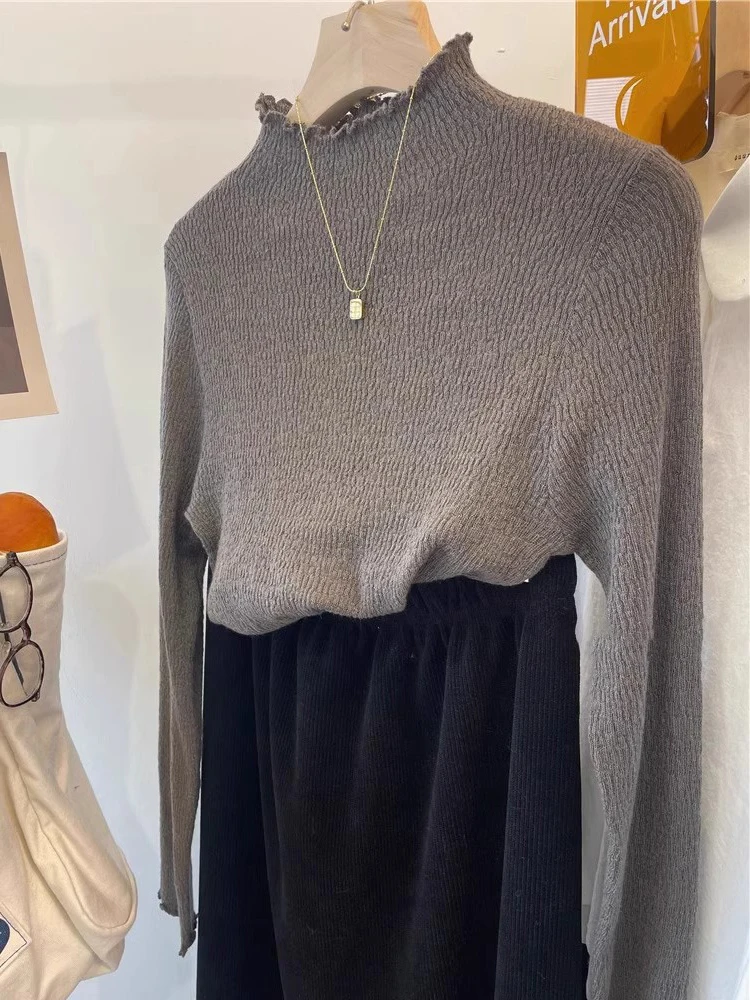 Apricot Half-high Collar Mid-Collar Wool Knitting Bottoming Shirt Women Winter Autumn and High Sense Inner wear Slim f...