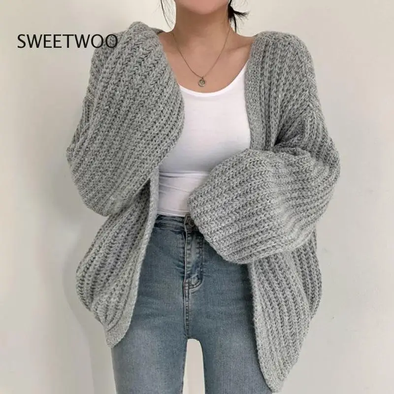 

2022 Autumn Winter Loose Casual Solid Color Lantern Sleeve Knitted Cardigan Coat for Women New Simple Warm Knit Sweaters Female