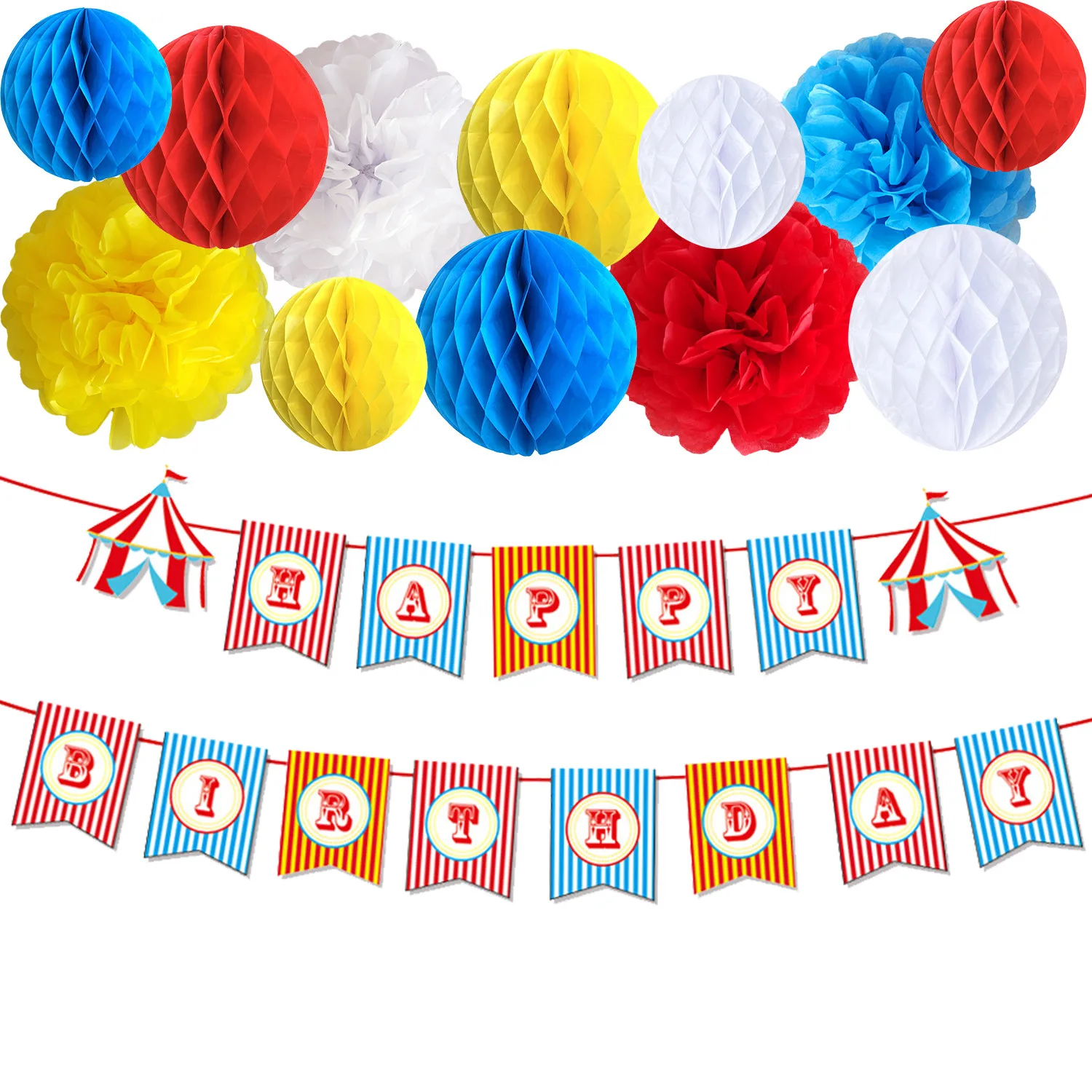 

Cheereveal Circus Carnival Themed Birthday Party Decorations Set with Happy Birthday Banner Circus Colorful Paper Pom Poms Kit