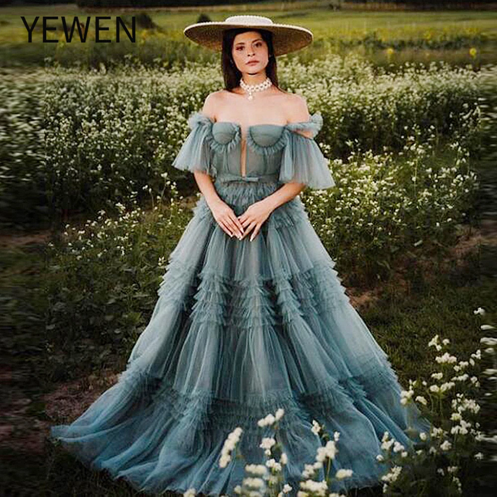 

Dusty Blue Tulle Ruffled Gown Long Off The Shoulder Prom Dress Tiered Skirt Corset Ball Gown YEWEN