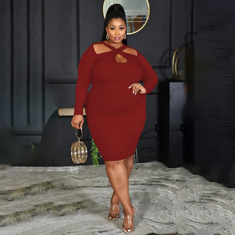 Plus Size Dresses Solid Long Sleeve Hollow Out Slim Fit Party Dresses Evening Dresses Long Sleeve Dresses for Women Sexy & Club