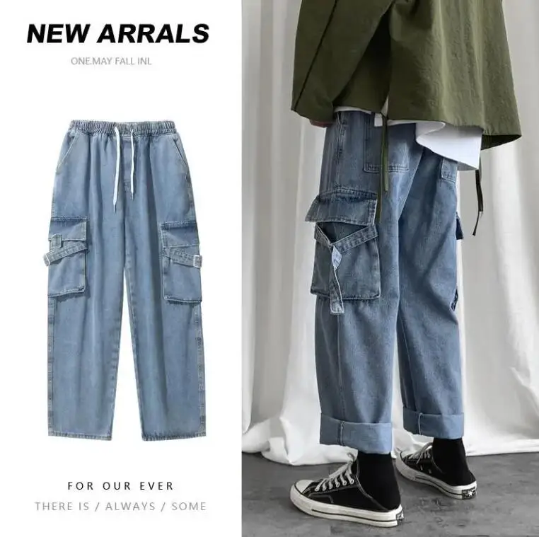 Men Jeans Straight Oversize Size Hole Ripped Street-Wear Large Pocket Elastic Waist Denim Trousers Loose Fashion Harajuku Jeans