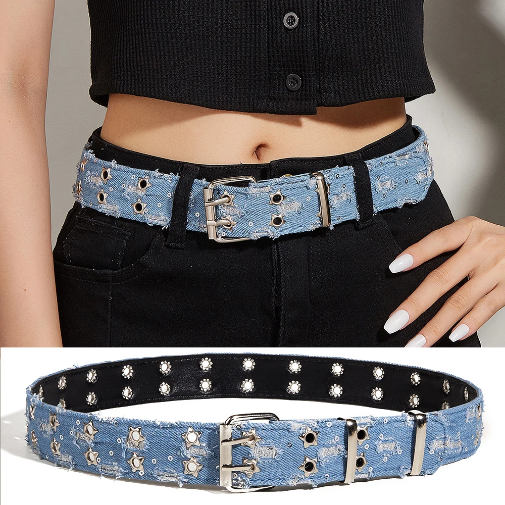 

Adjustable Double Pin Buckle Thin Belt Washed Denim All-match Belt The New Classic Retro Belts Women Simple Buckle Thin Belt