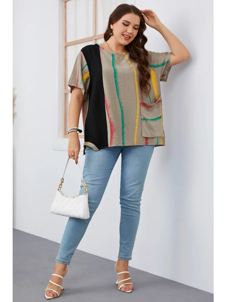 Summer Stripe Contrast Plus Size Women's Shirt Round Neck Women's Dress women tops and bloues  t-shirts