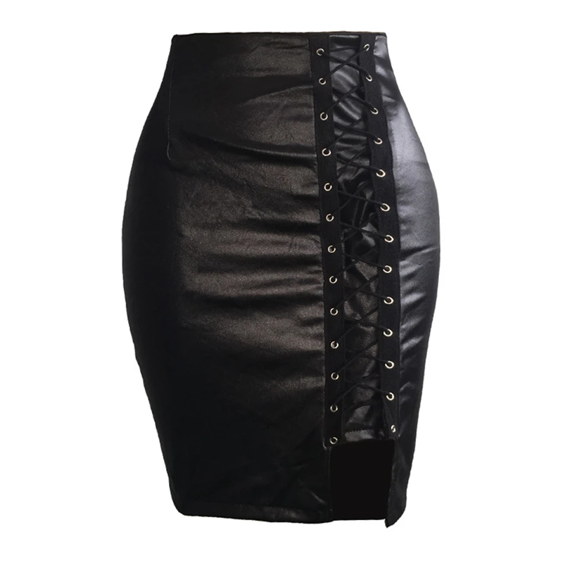 

Spring Summer Women Side Split Pencil Skirts Black Lace Up PU Leather Skirts Bodycon High Waist Mini Skirt
