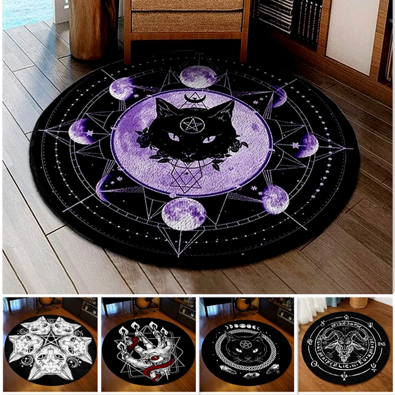 

Cat Round Rug Satanic Cat Goat Impaled Throne Bedroom Area Atheist Household Bath Mat Black Carpet Living Room Home Decoration