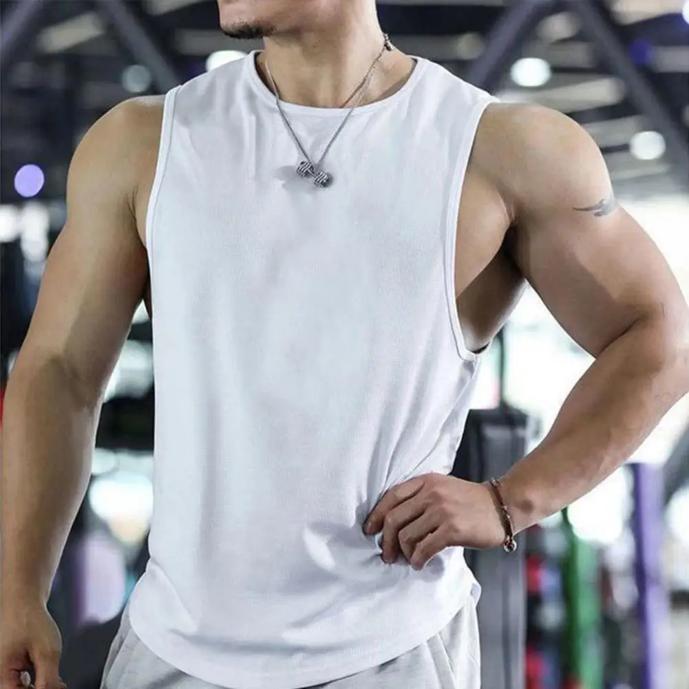 

O-Neck Sleeveless Elastic Sport Vest Moisture Wicking Thin Men Loose Solid Color Fitness Vest Top Sportwear