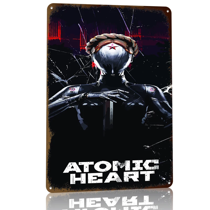 Фото Металлическая винтажная табличка с принтом робота из Atomic Heart, настенный декор для комнаты, мужской комнаты, домашнего интерьера №3