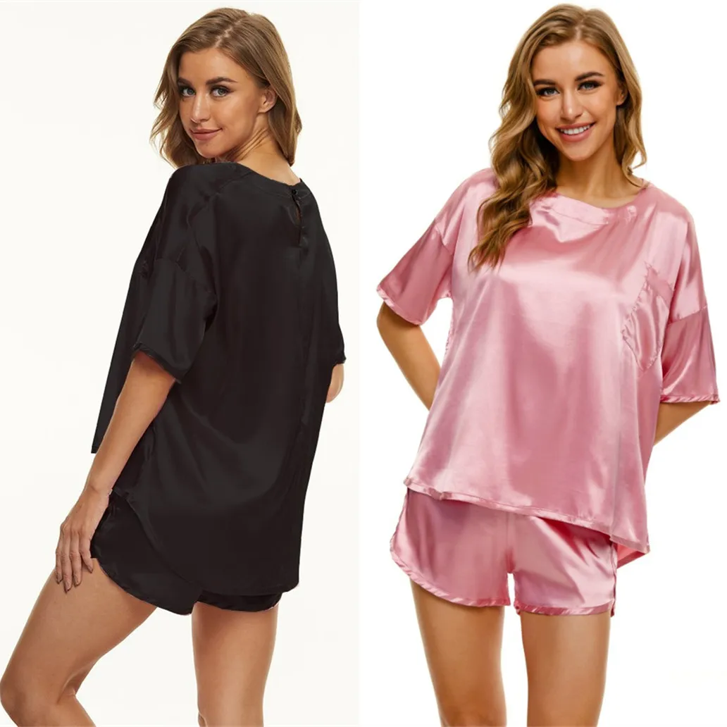 Womens Pajamas Sets Satin Silk Pyjamas Famale Pijamas Pocket 2 Piece PJ Set Loungewear Short Sleeve Shorts Sleepwear Nightwear