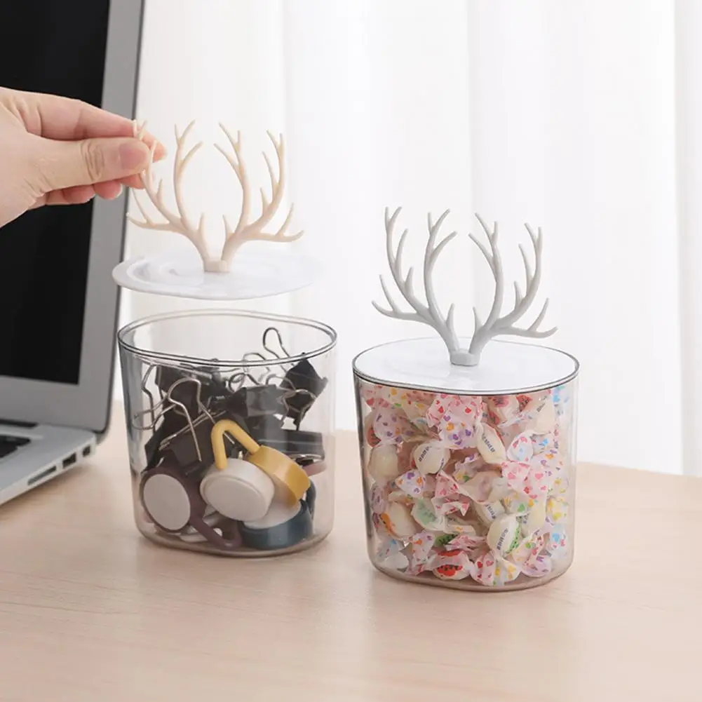 

Transparent Cotton Swab Case Antler Shape Lid withJewelry Display Rack ABS Multifunctional Makeup Pad Container for Dorm