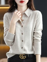 spring and autumn polo collar knitted loose long sleeved non cashmere cardigan solid color temperament lapel sweater coat base