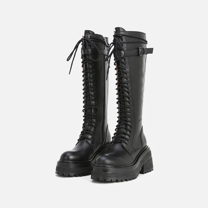 

MUMANI Women‘s High Boots Full Grain Leather Punk Super High Heels Square heel Super High Knee High Platform Motorcycle Boots