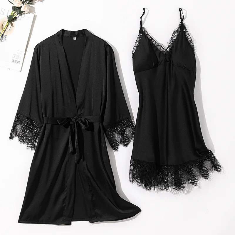 

Халат для отдыха, одежда для сна для отдыха, Элегантная ночная рубашка из 2 предметов, летняя ночная рубашка, черные кружевные женские атласные комплекты одежды