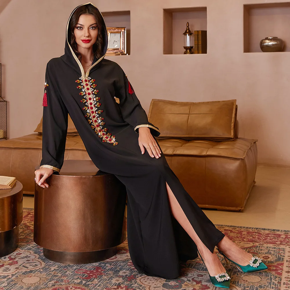 Abaya Noble Fashion Clothing Hooded Diamond Muslim Women Long Dress Moroccan Long Dress Kaftan Islamic Ethnic Party Dress