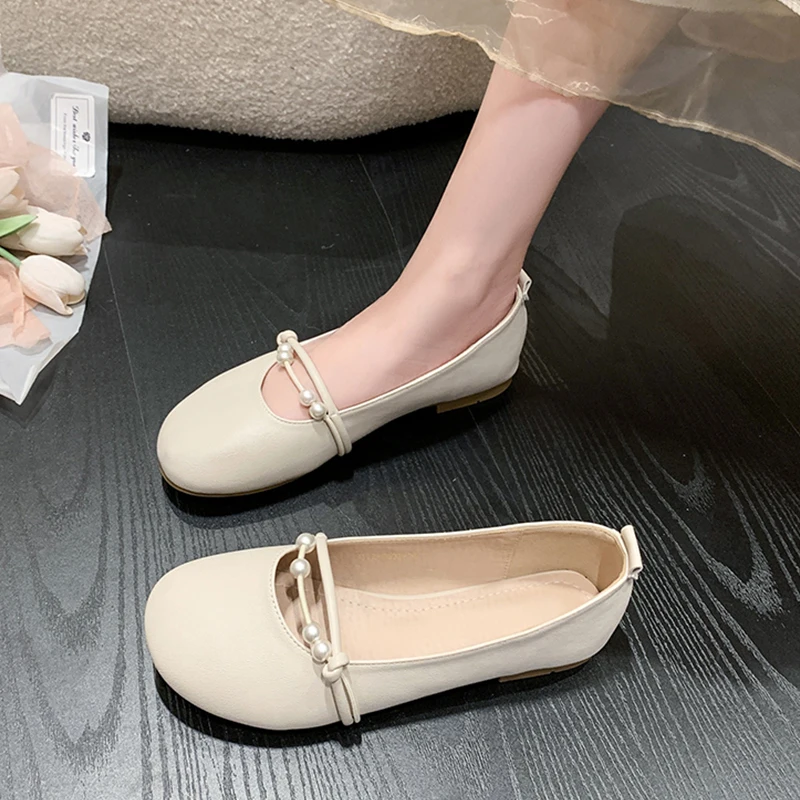 

Round Toe Pearl Decorateion Elegant Shallow Mouth Moccasin Shoes Female Footwear Autumn Casual Sneaker Beading Moccasins Dress F