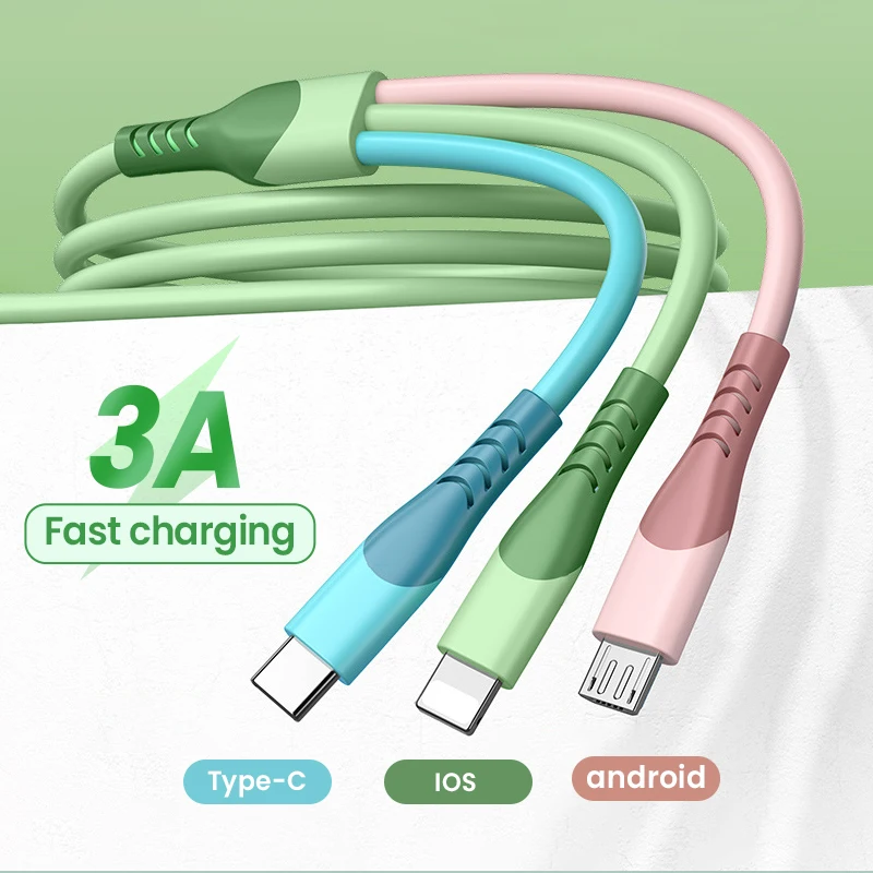 

USB-кабель для передачи данных 3 в 1, жидкий, мягкий клей, линия передачи данных для iPhone 11, 12, 13 Pro Max, Micro, Xiaomi, Huawei, кабель Type-C, быстрая зарядка, 3A