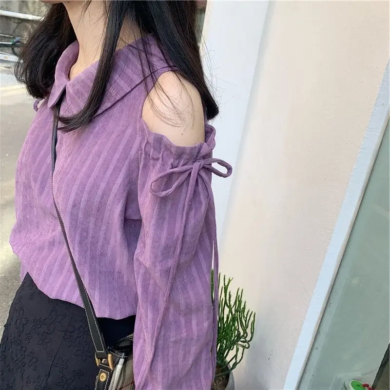 

Autumn Women's Casual Korean Solid Color Striped Blouse Loose Fashion Long Sleeve All-match Off Shoulder Shirt Female Clothing