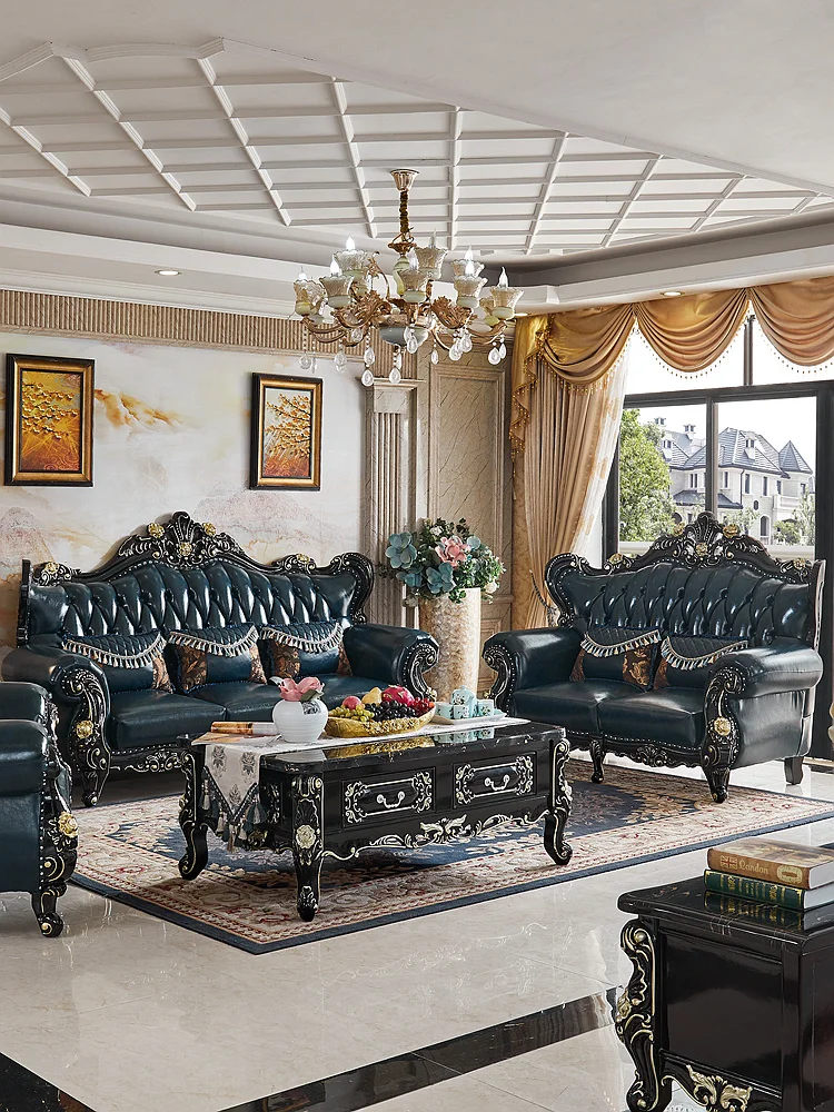 

European leather sofa 123 combination American solid wood ebony Jane European luxury palace villa living room antique furniture