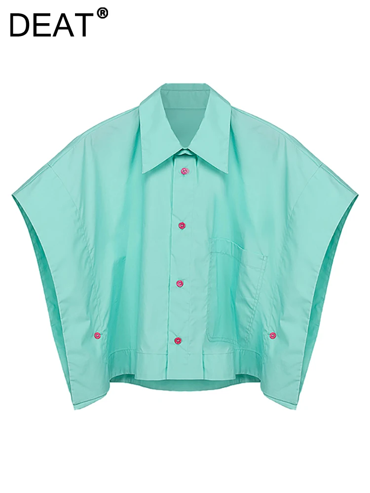 

Женская однобортная блузка DEAT, свободная Однотонная рубашка с отложным воротником и коротким рукавом «летучая мышь», лето 2023