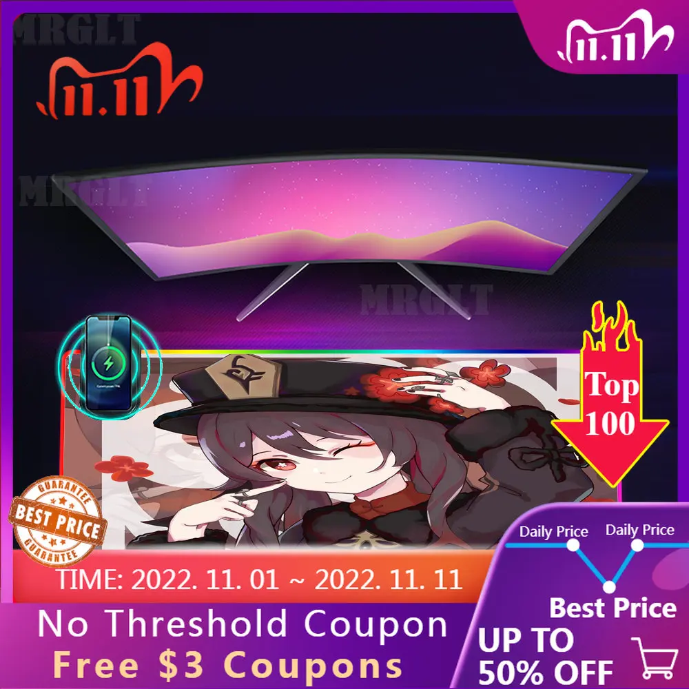 

HUTAO RGB Wireless Charging LED Mousepad Charger Mat Large Genshin Impact Desk Mats Gaming Accessories Mouse Pad Typec Carpets