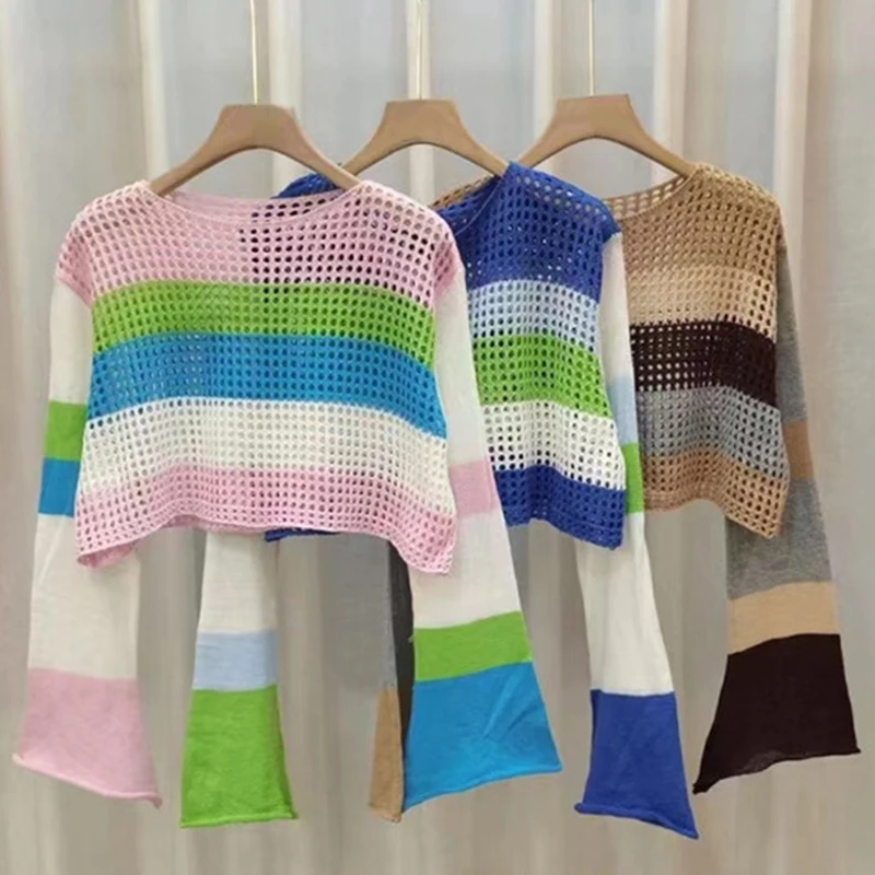 Винтажный цветной шикарный свитер с расклешенными рукавами пуловер круглым