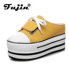 Fujin 8cm Canvas Casual Fashion Breathable Platform Wedge Hidden Heels Slipper Sneakers Mules Females Sandals Slide Women Shoes